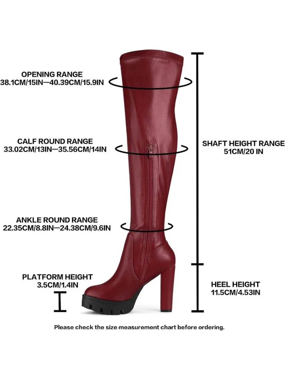 Women's Burgundy Round Toe Faux Leather Chunky Heel Over The Knee High Boots